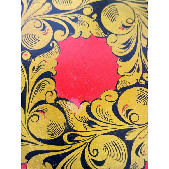 Vintage Russian Made in USSR Laquered Plate Gold Black Wooden Ware Folk Art READ - Picture 7 of 14